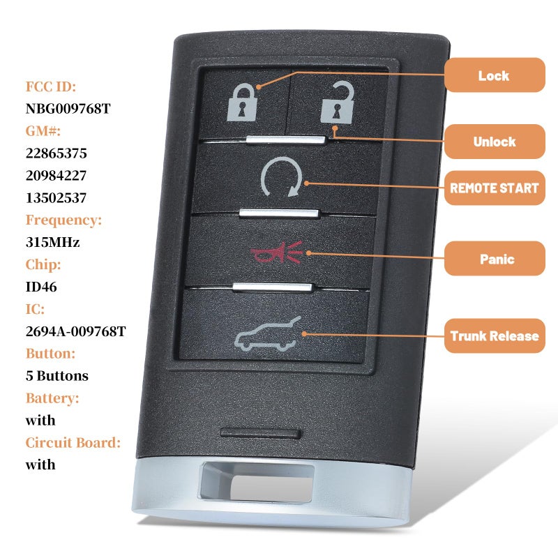 Keyecu Smart Proximity Remote Key 5 Button for Cadillac SRX 2010 2011 2012 2013 2014 2015 FCC ID:NBG009768T - Image 2